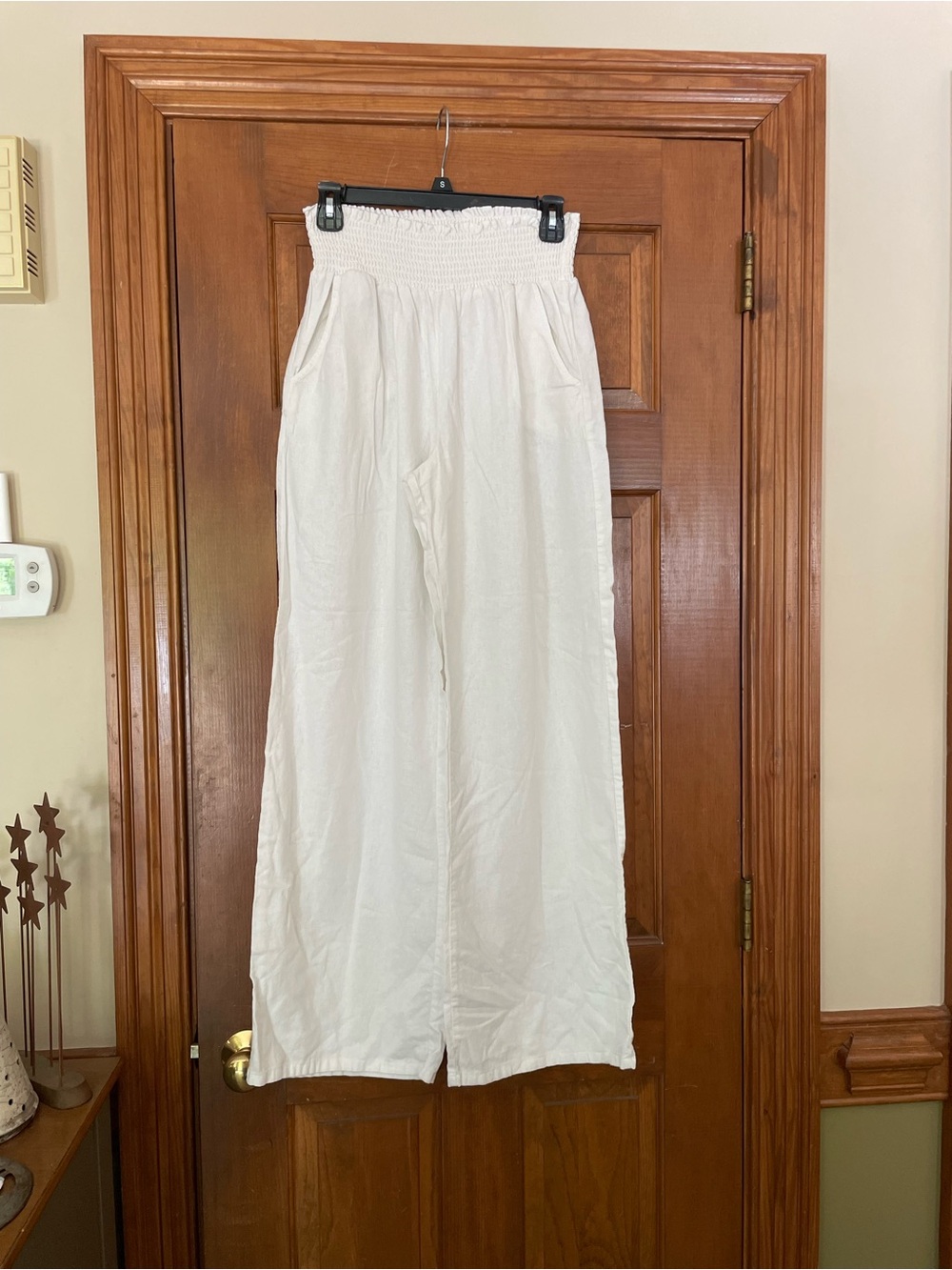 BeBop Linen/Viscose White Wide-Leg Smocked Waist Pants w/ Front Pockets, Size L